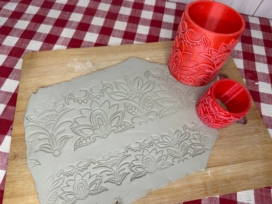 NEW size added - Henna Flowers Pottery Roller - Border Stamp, Repeating pattern, Plastic 3d printed