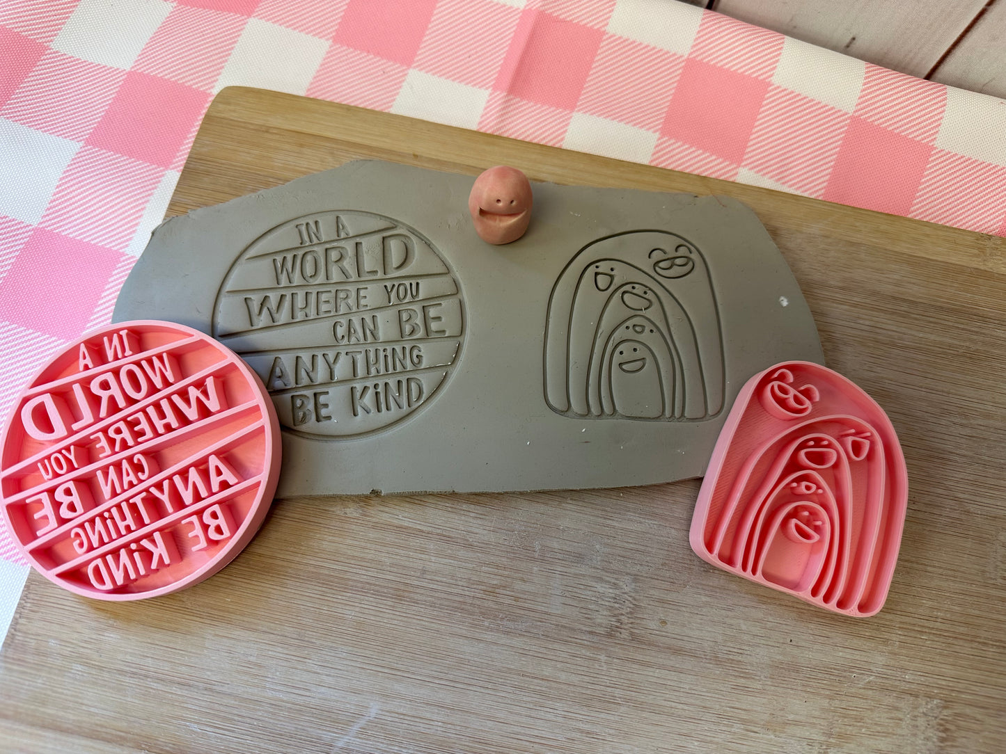 Deb Ouzts collaboration design Nugget stamps, Rainbow Nuggets and word stamp "In a world where you can be anything Be Kind" Pottery Stamp for Charity, Limited edition Pink, 100% of sale is donated to Deb for Breast cancer medical bills