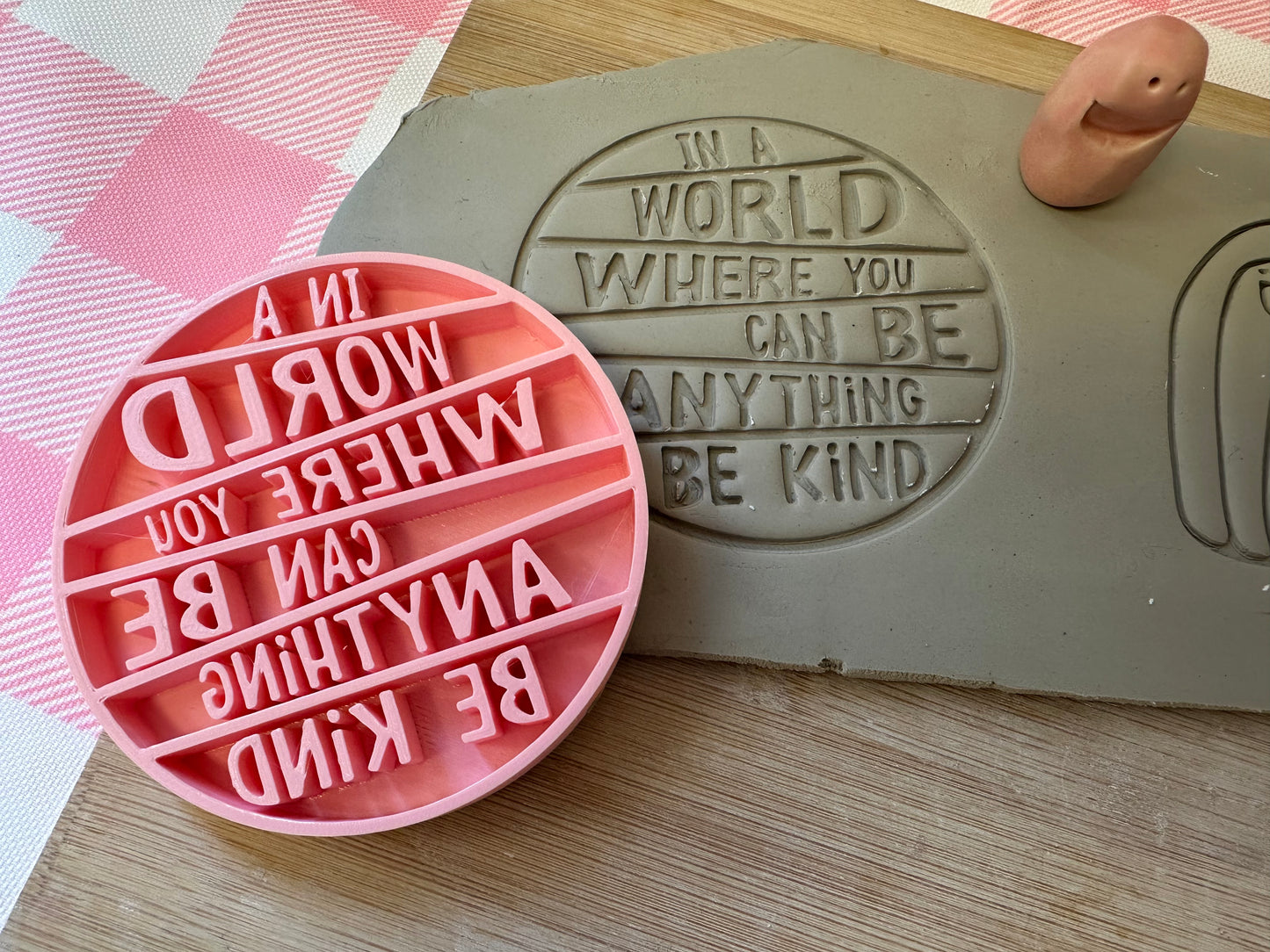 Deb Ouzts collaboration design Nugget stamps, Rainbow Nuggets and word stamp "In a world where you can be anything Be Kind" Pottery Stamp for Charity, Limited edition Pink, 100% of sale is donated to Deb for Breast cancer medical bills