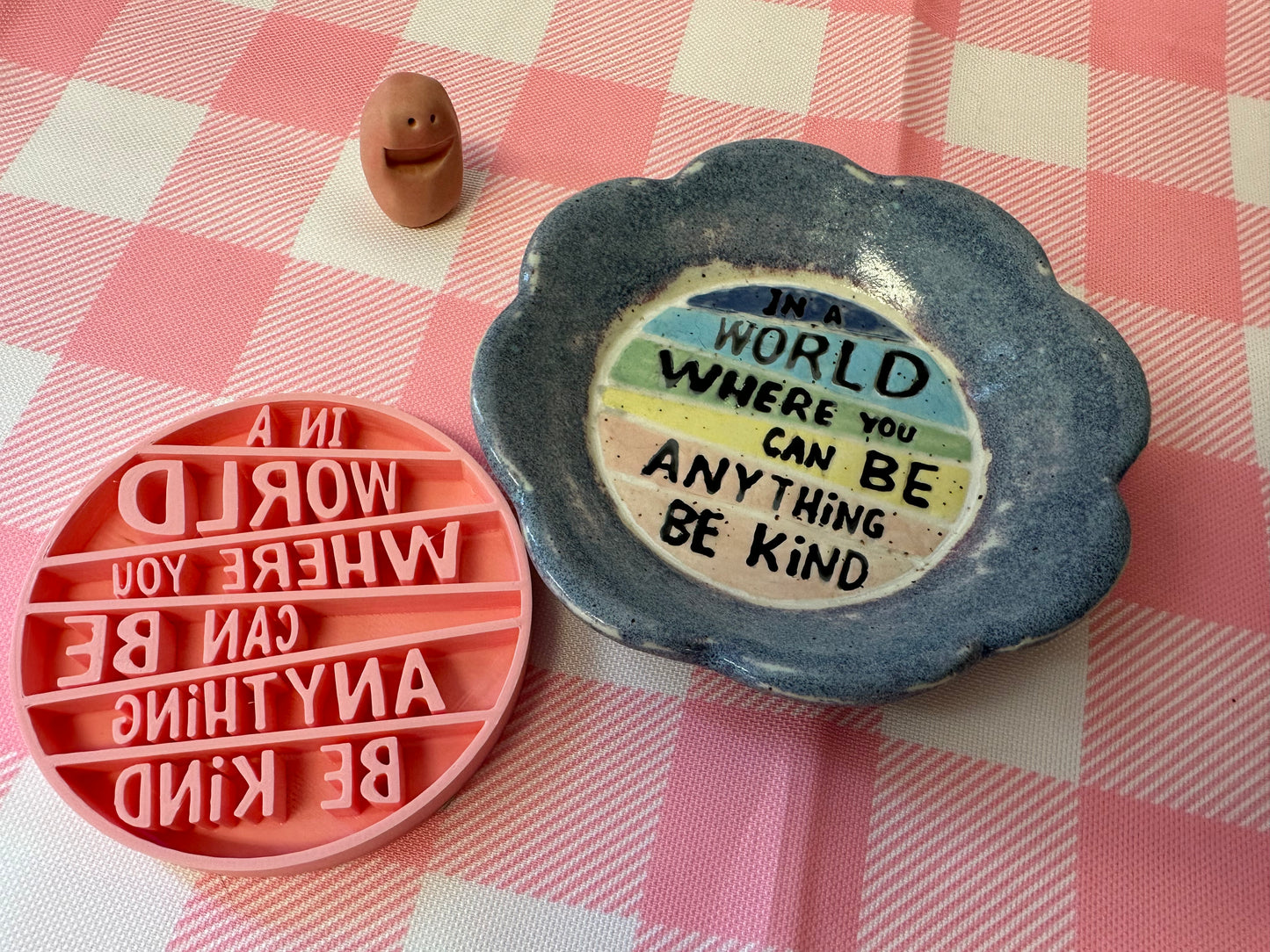 Deb Ouzts collaboration design Nugget stamps, Rainbow Nuggets and word stamp "In a world where you can be anything Be Kind" Pottery Stamp for Charity, Limited edition Pink, 100% of sale is donated to Deb for Breast cancer medical bills