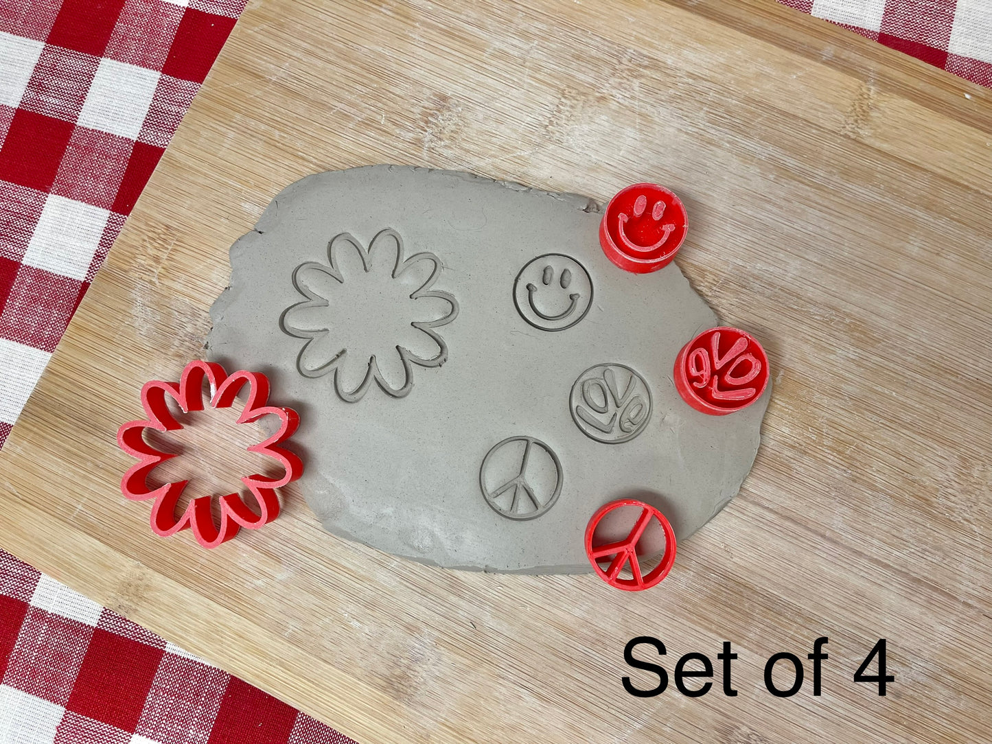 Retro Daisy set with center Love, Peace Sign, and Smilie Face Circle Stamp -  from the May 2023 mystery box, plastic 3D printed, multiple sizes available