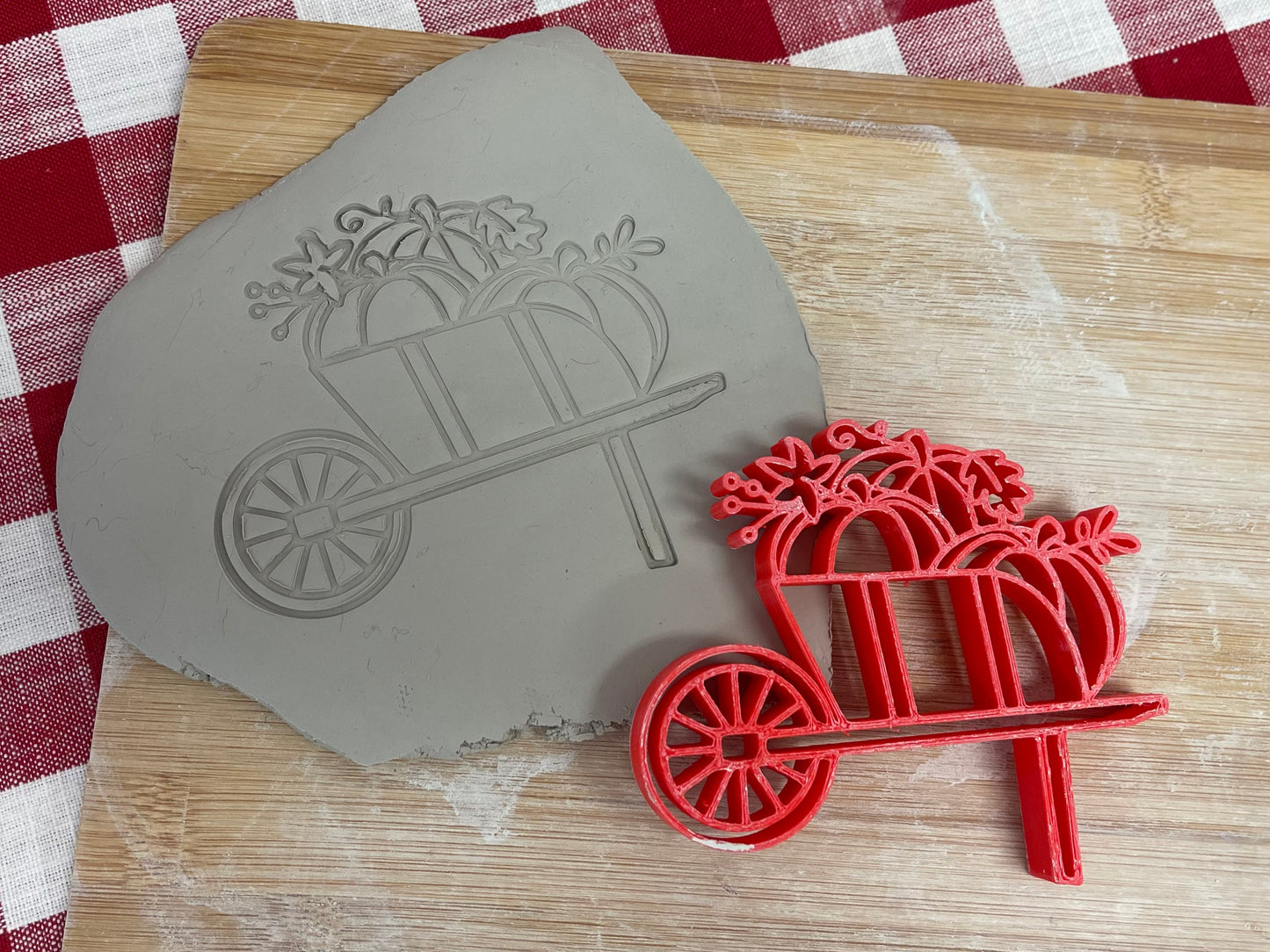 Pottery Stamp, Wheelbarrow with pumpkins design - from the June 2023 mystery box, multiple sizes available