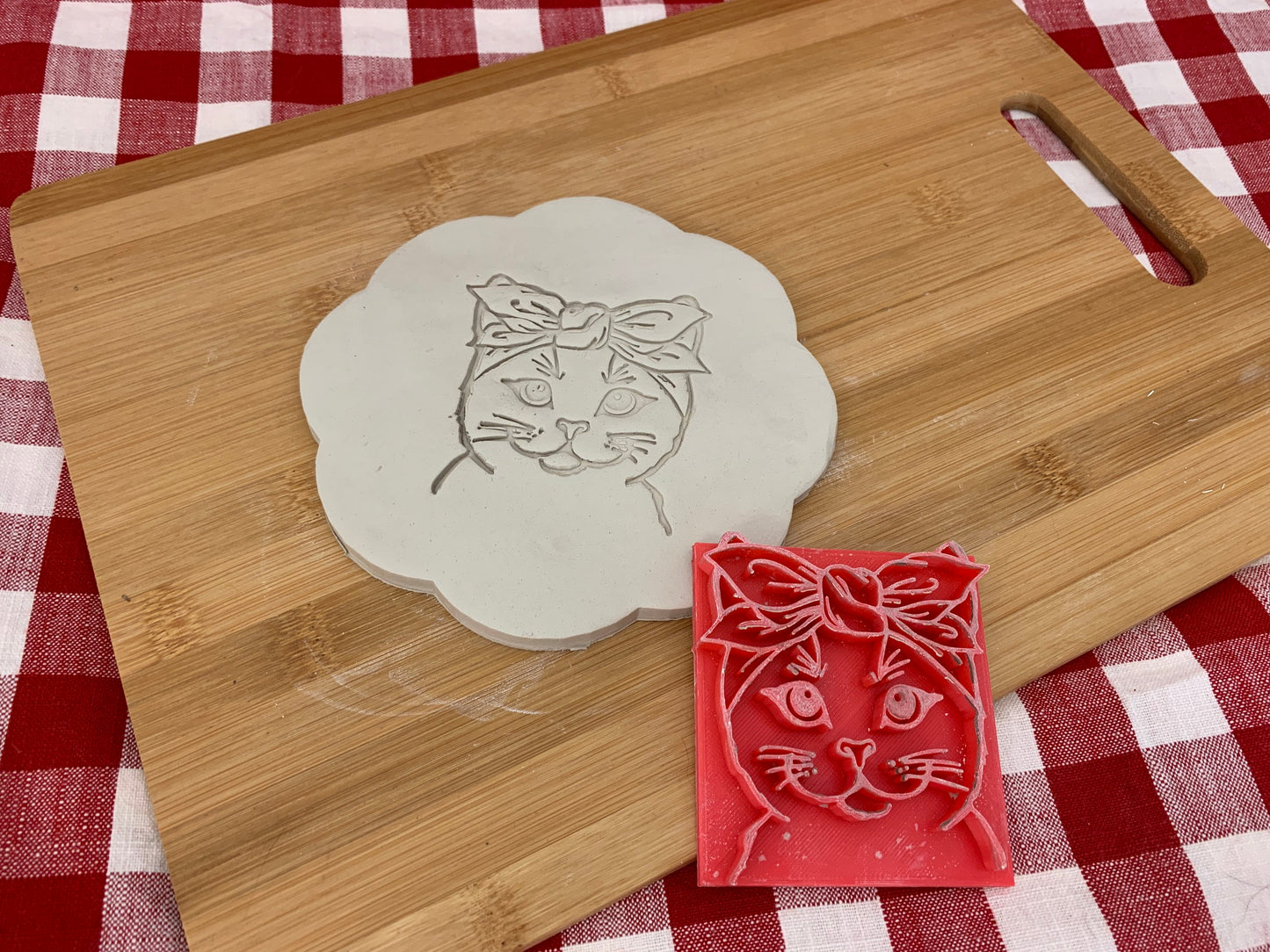 Cat Face w/ Bandana pottery stamp - plastic 3D printed, multiple sizes