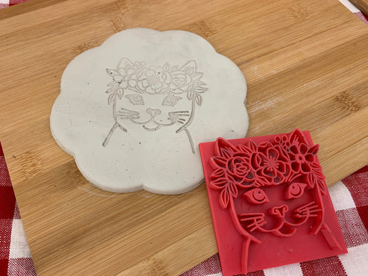 Cat Face w/ Floral Wreath, Pottery Stamp - plastic 3D printed, multiple sizes