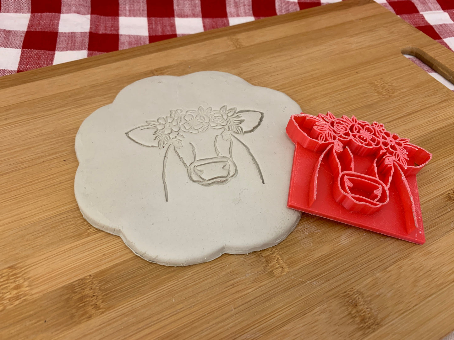 Pottery Stamp, cow face with floral wreath design - multiple sizes