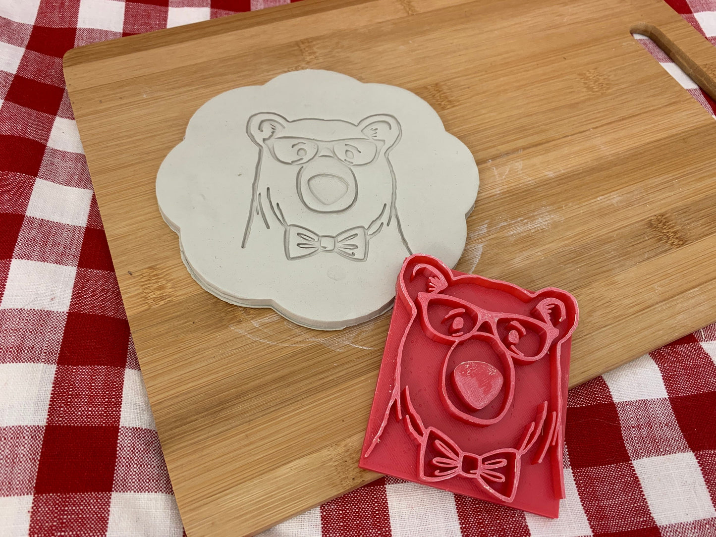 Bear Face w/ glasses or floral wreath pottery stamp - plastic 3d printed, multiple sizes