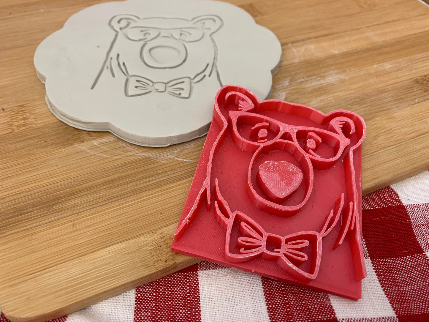 Bear Face w/ glasses or floral wreath pottery stamp - plastic 3d printed, multiple sizes