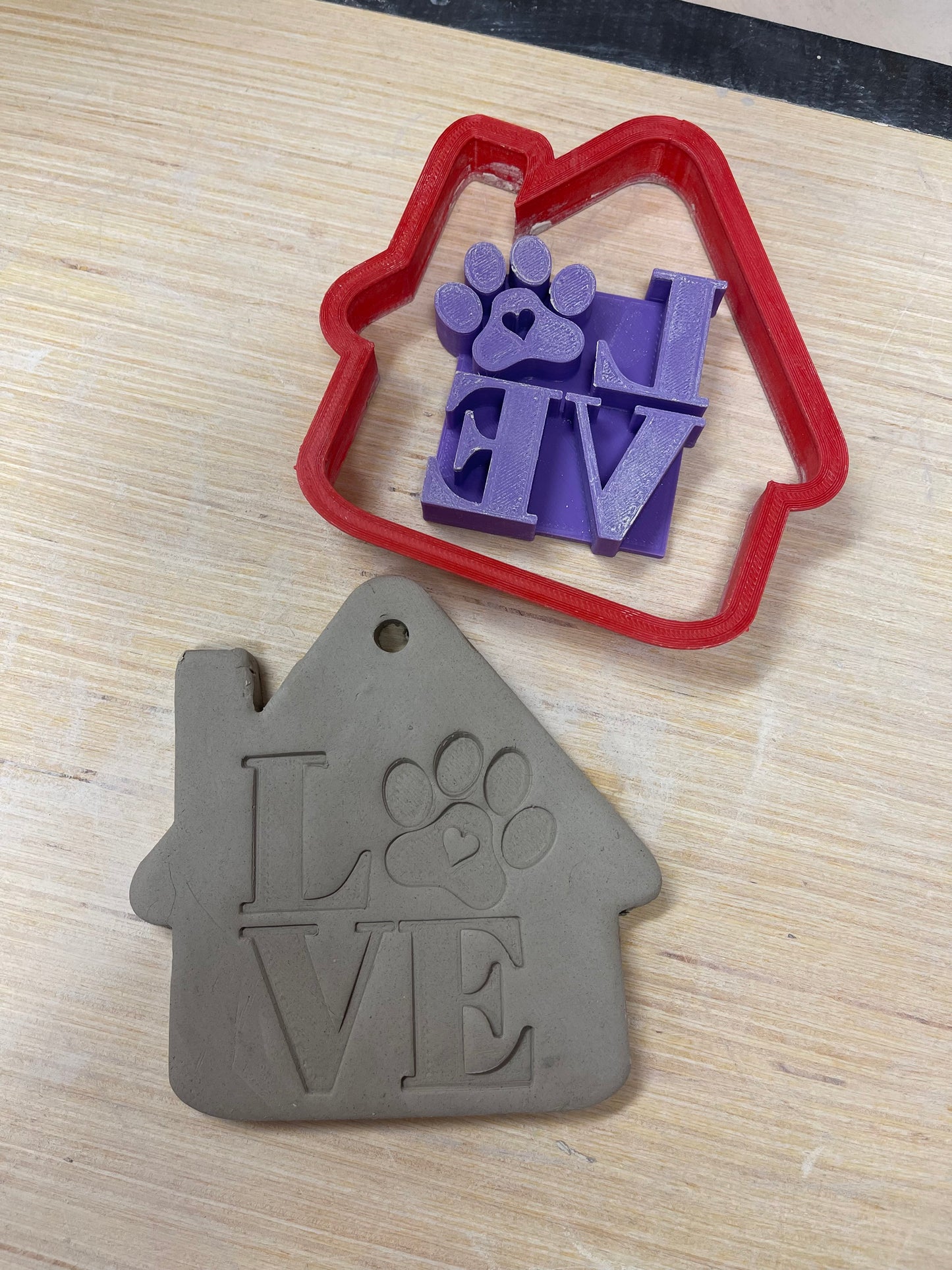 2.5" LOVE with Paw print word design, Pottery Stamp for Charity, Limited edition Purple, all money is donated to a local animal shelter