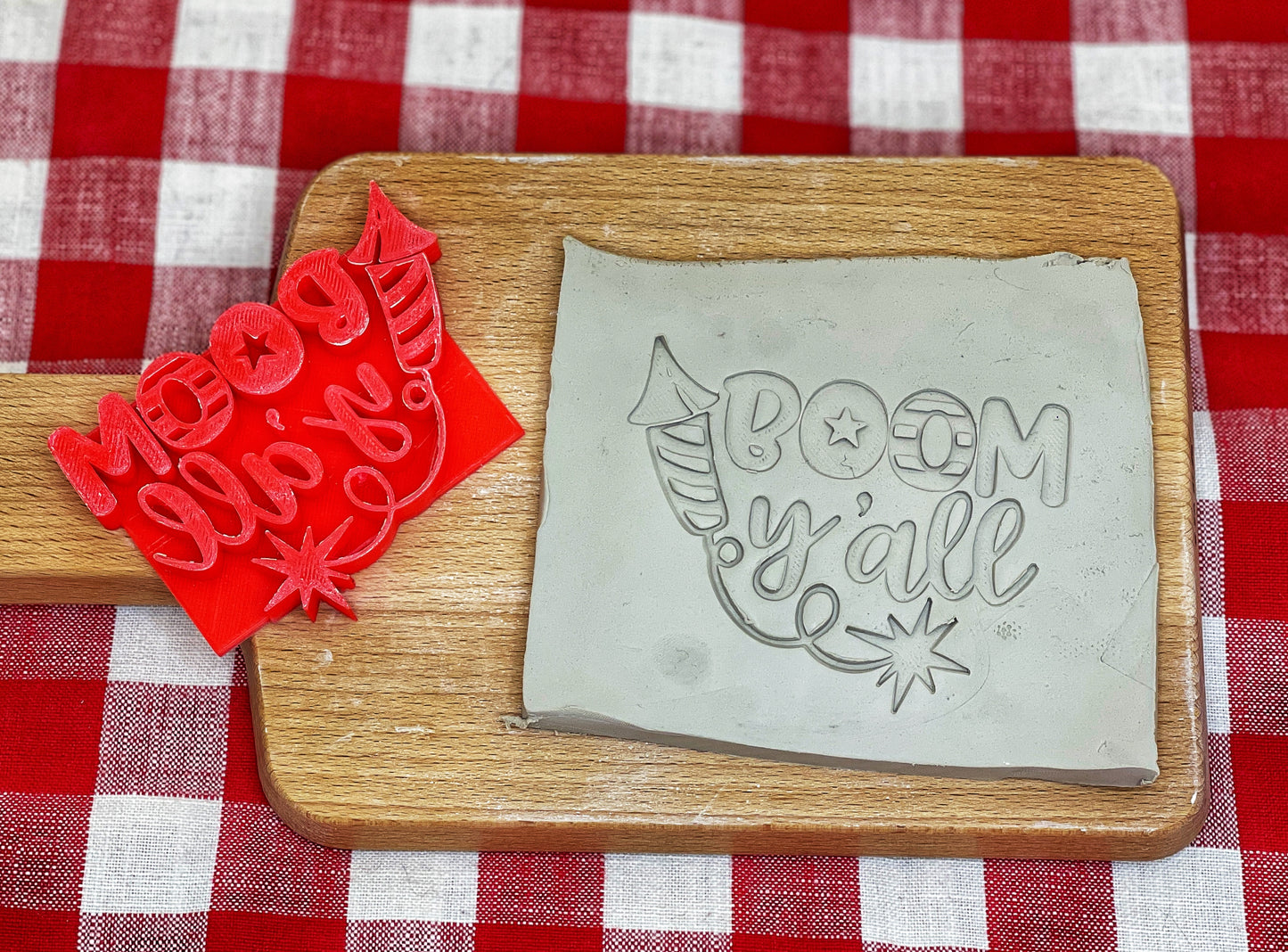 BOOM Y'all firework design Pottery Stamp - words, pottery tool - multiple sizes