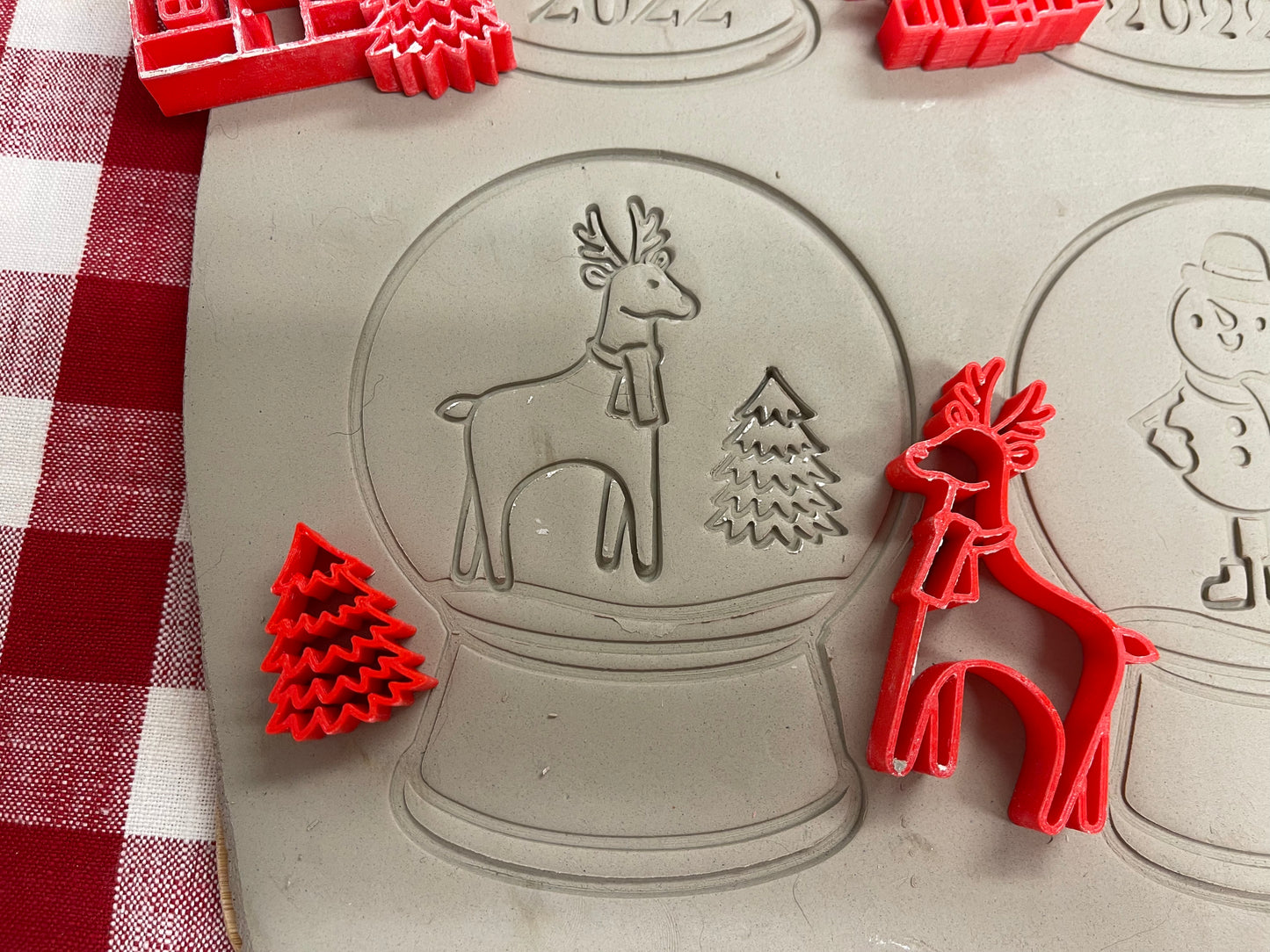 Pottery Stamp, Christmas Snow Globe designs, with multiple designs and optional cookie cutter ornament, as a set or individual - multiple sizes