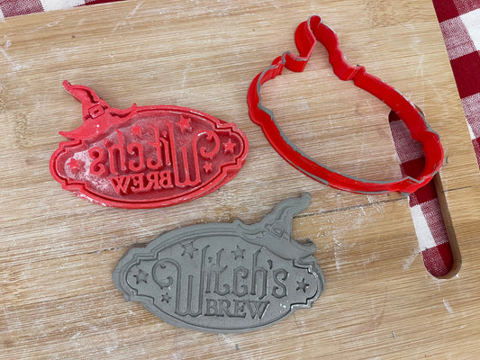 "Witch's Brew" word stamp, w/ optional ornament cutter - plastic 3D printed, multiple sizes