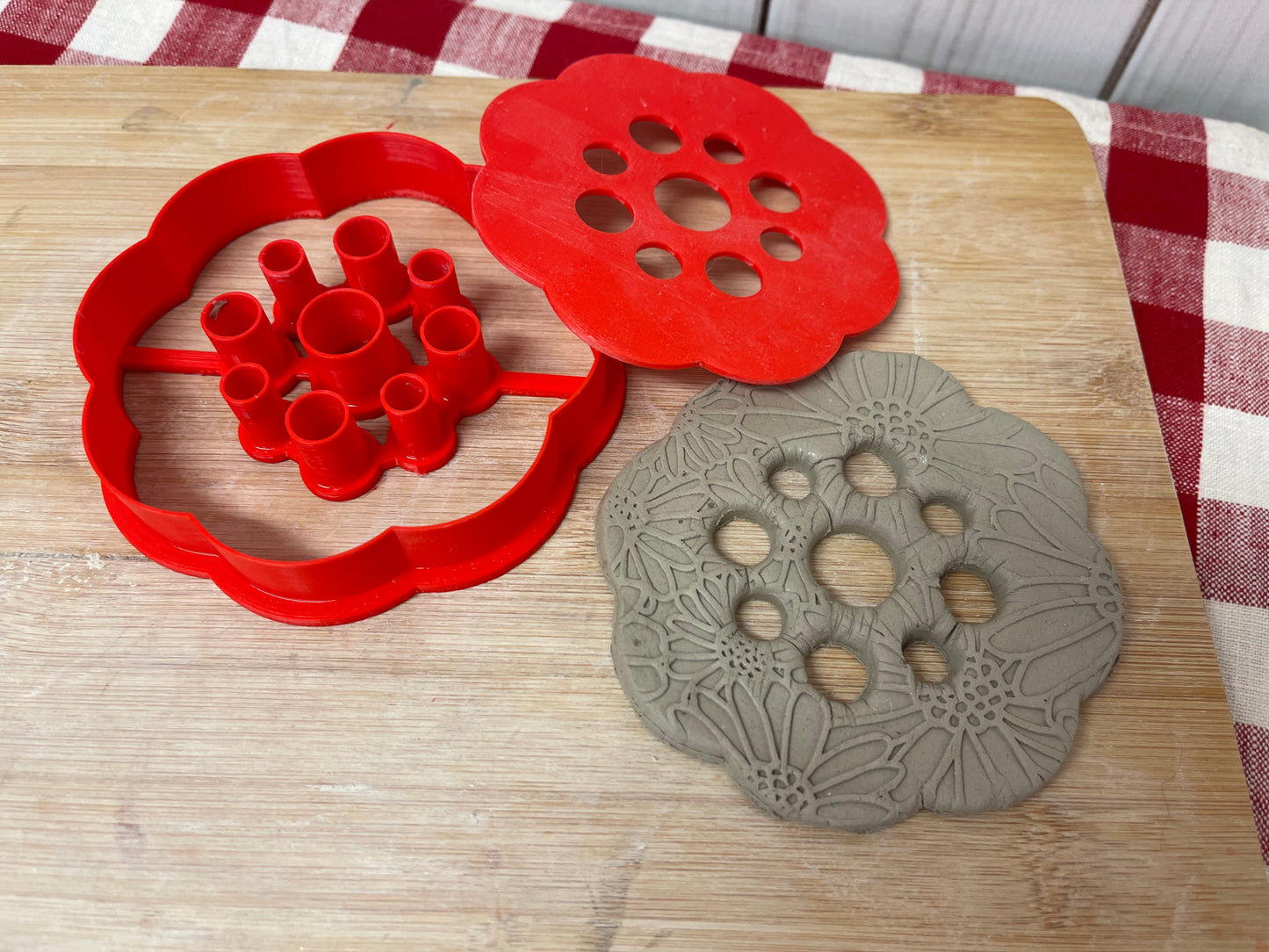 Flower Frog Clay Cutter with press - scallop design with holes or holes only template