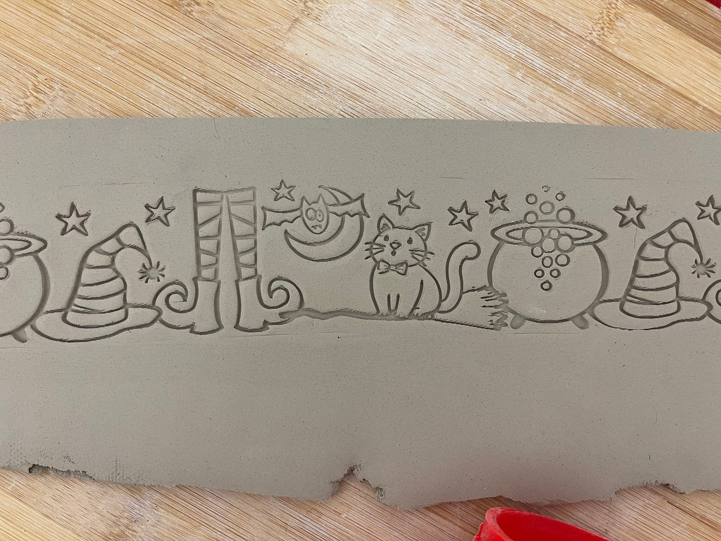 Halloween Witch/Cat Pottery Roller - Border Stamp, Repeating design, Plastic 3d printed