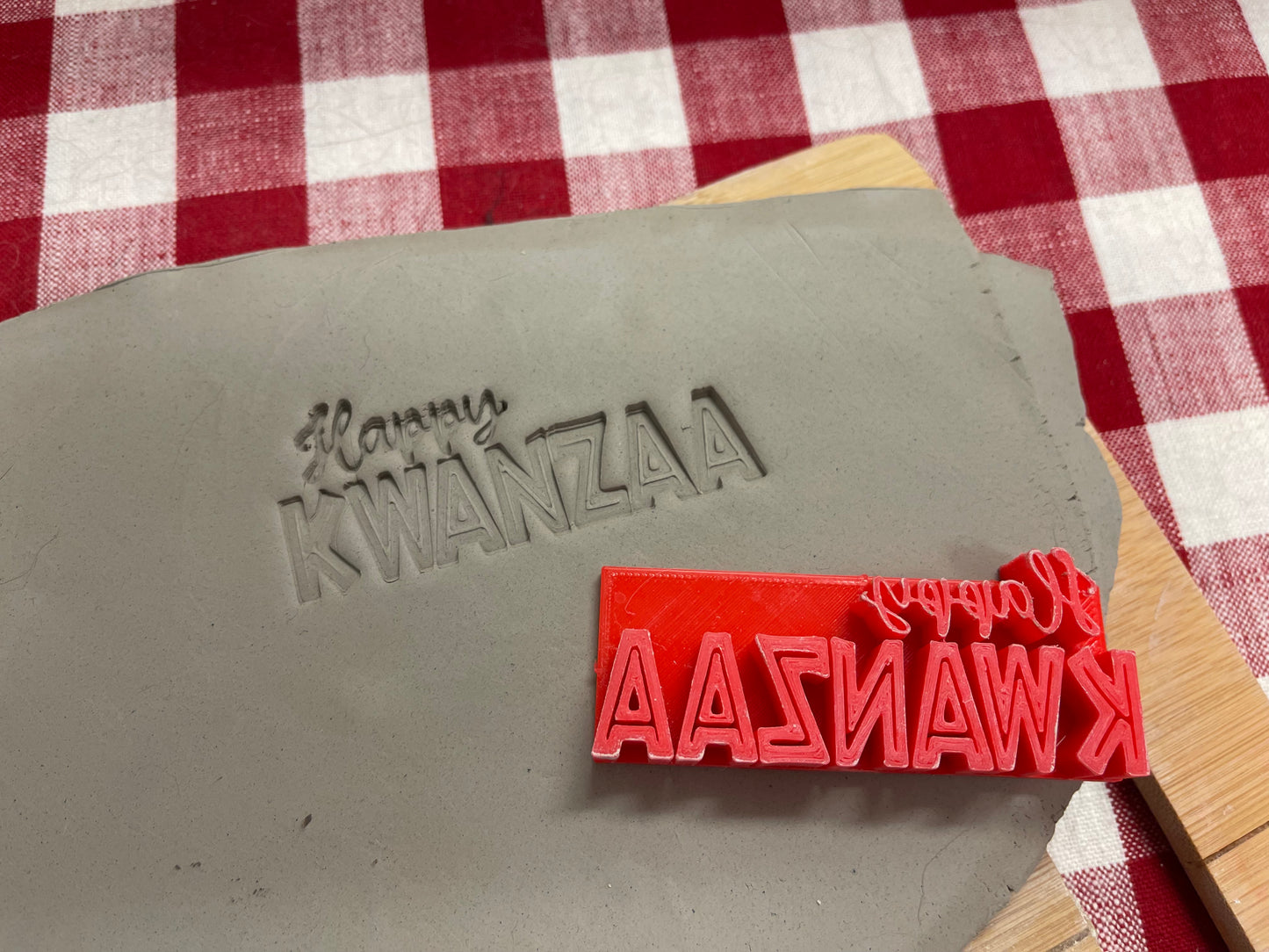 Pottery Stamp, "Happy Kwanzaa" saying word design, plastic 3d printed