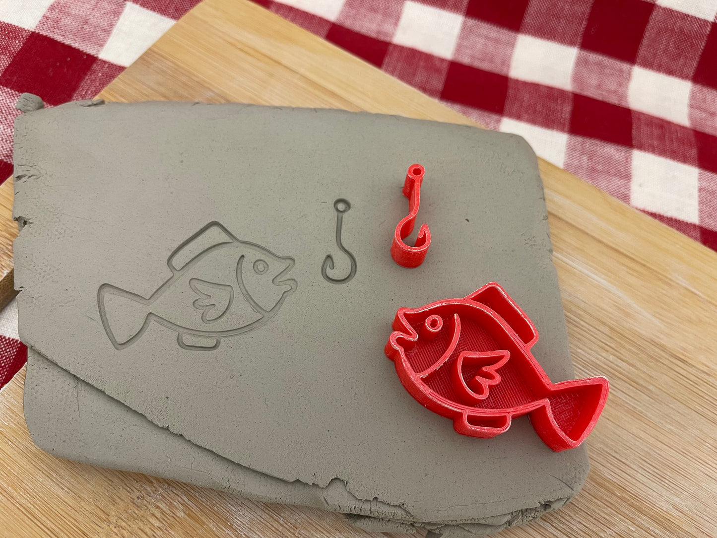 Pottery Stamp, Fish w/ hook, Fishing design, Camping doodle series - multiple sizes