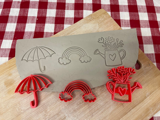 Spring Elements stamp Series - Umbrella, Rainbow, Watering Can flowers designs,  each or set, plastic 3D printed