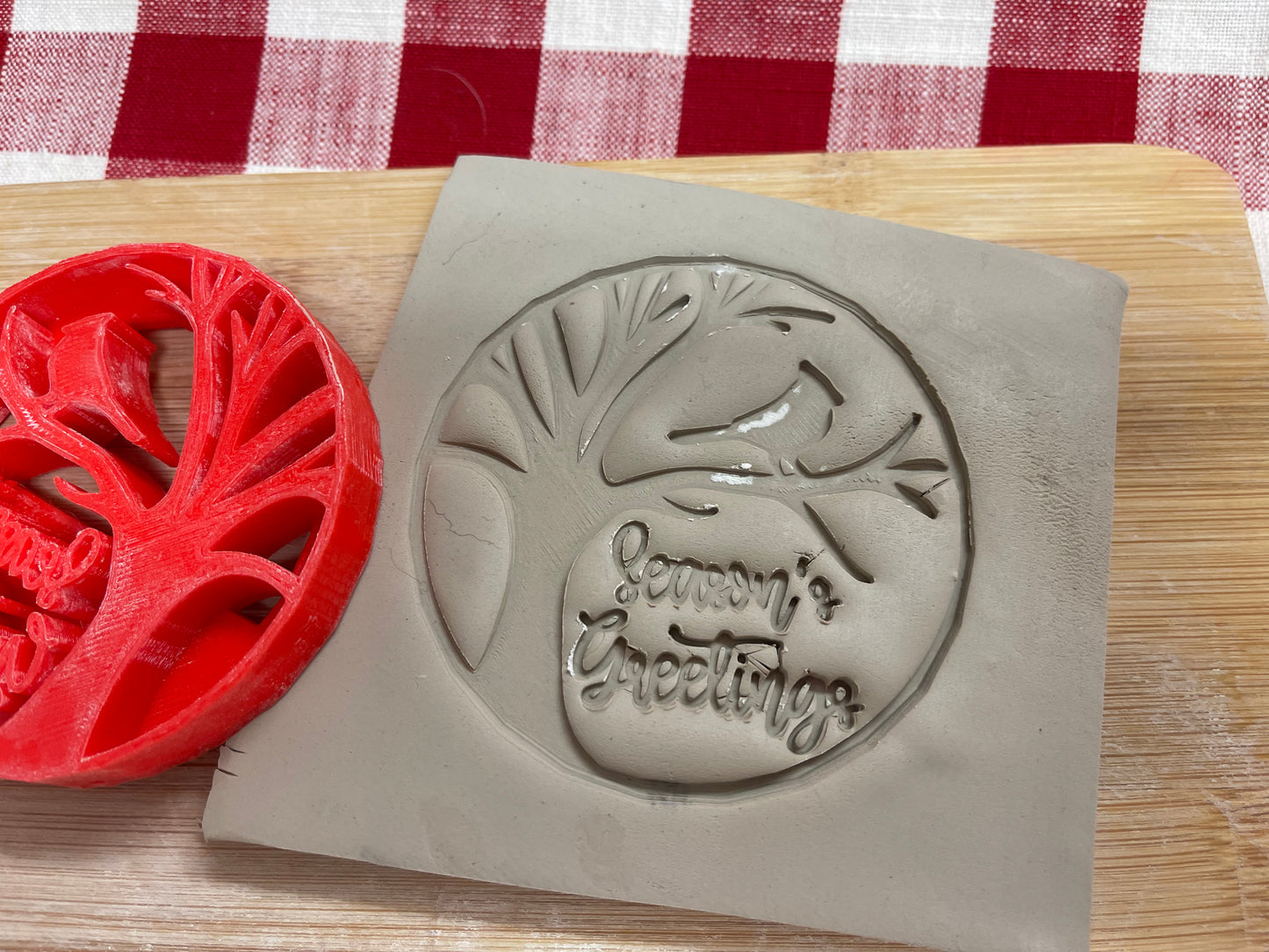 Cardinal / Season's Greetings scene pottery stamp - plastic 3D printed, multiple sizes