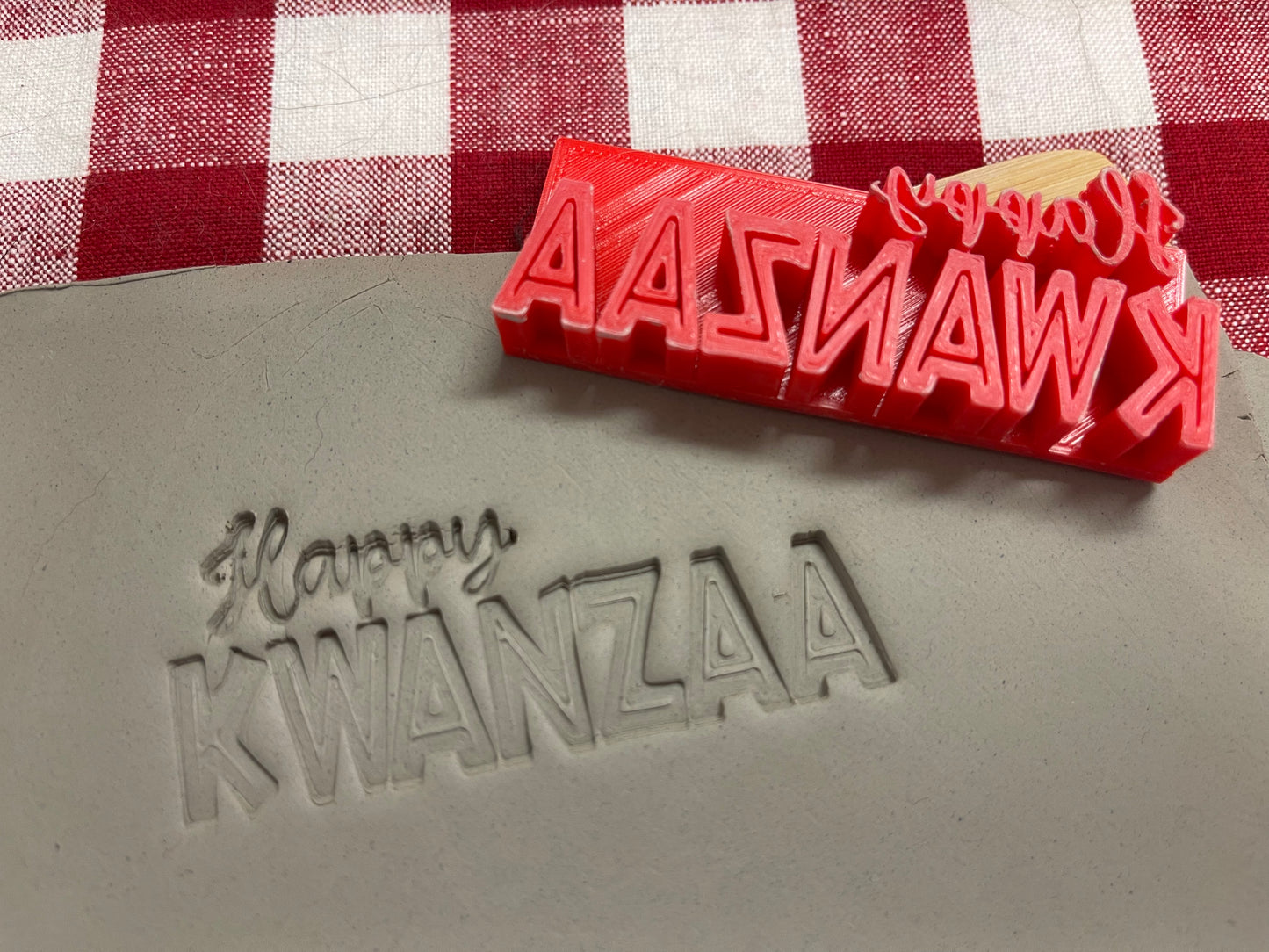 "Happy Kwanzaa" saying pottery stamp - plastic 3D printed, multiple sizes available