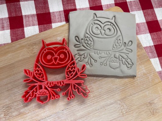 Autumn Stamp Series - Autumn Owl with Leaves stamp, pottery tool - multiple sizes