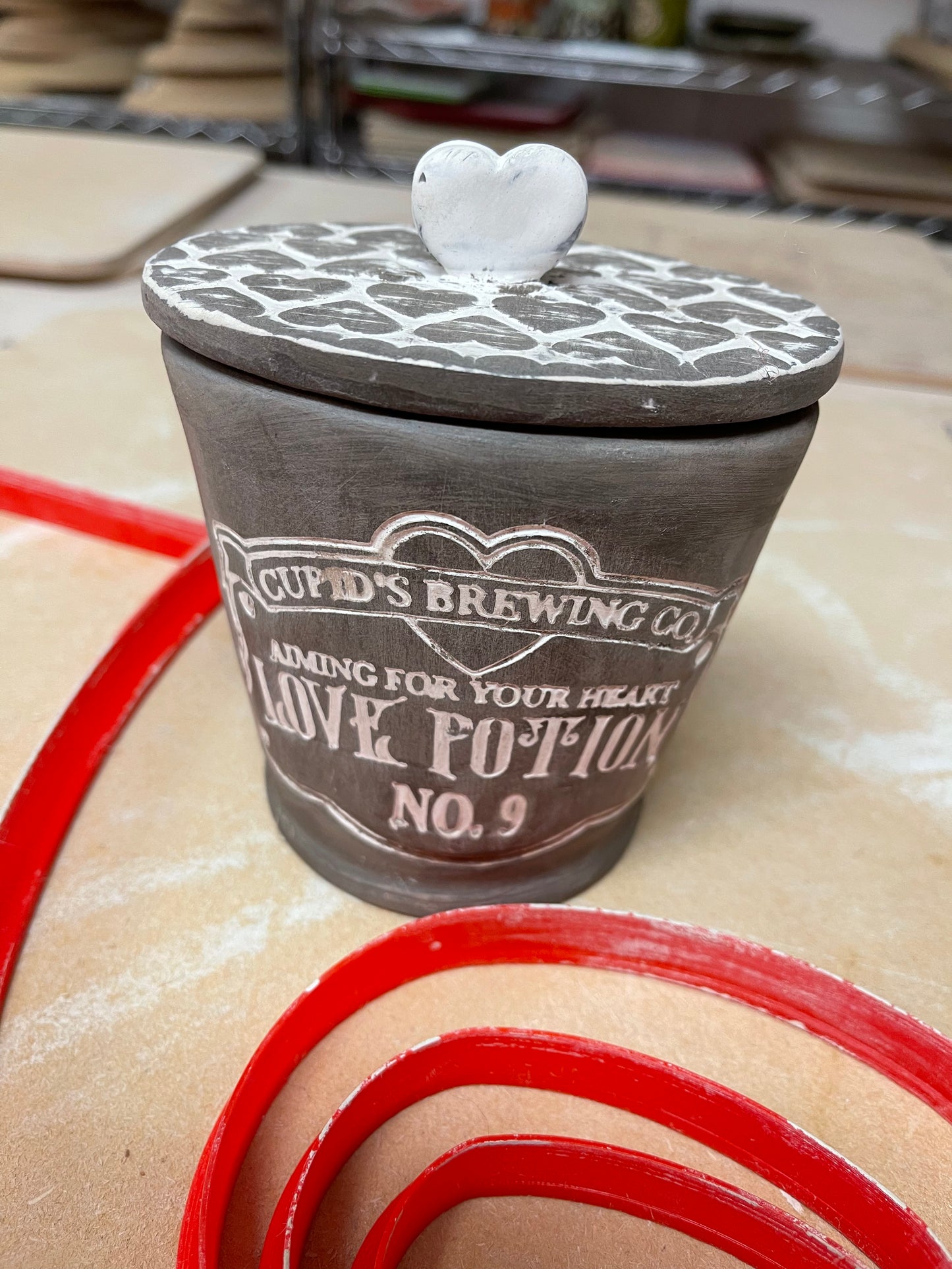 "Love Potion" pottery stamp w/ optional ornament cutter - pottery tool , plastic 3D printed, multiple sizes available