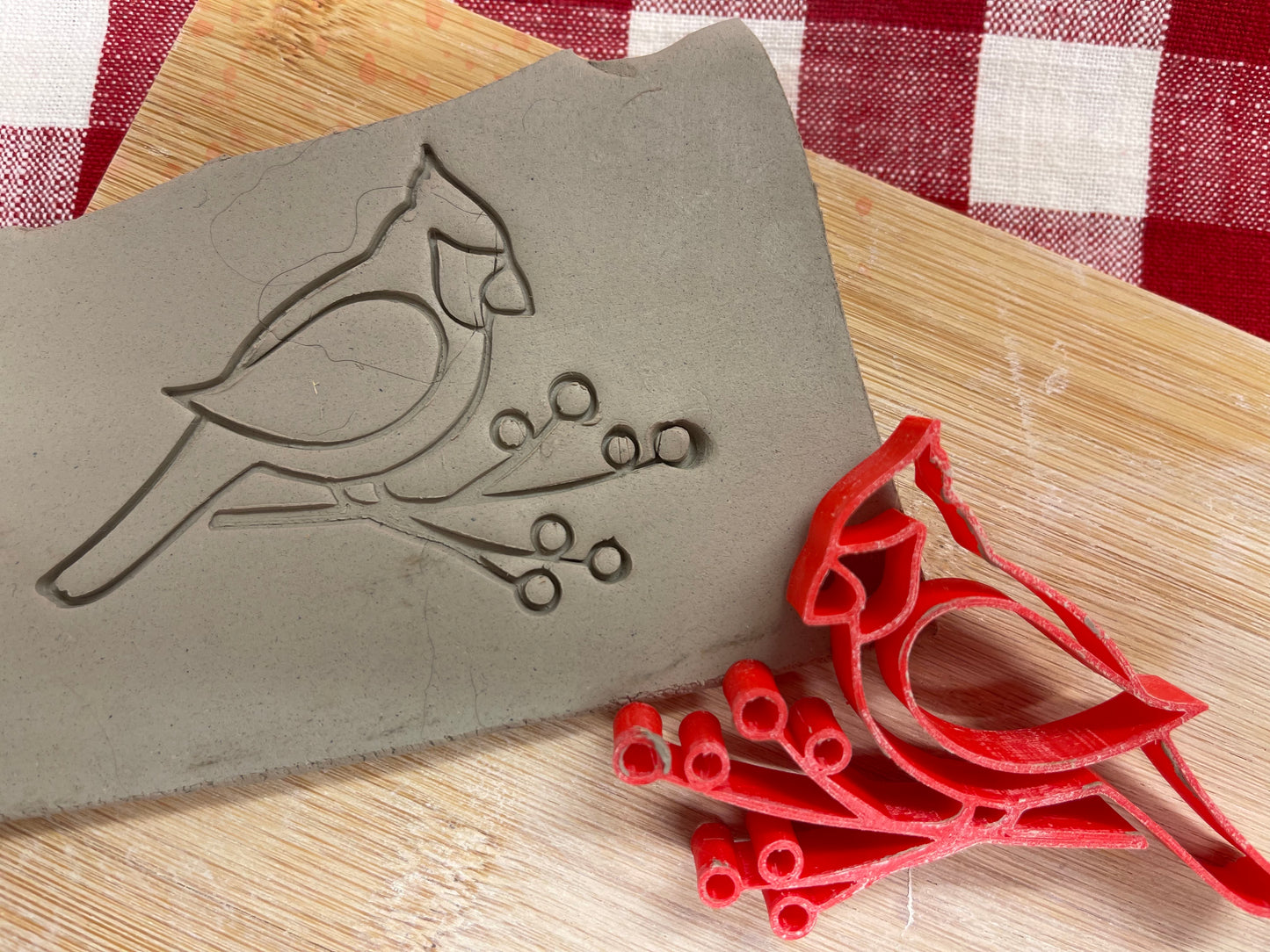 Cardinal on Branch Pottery Stamp - plastic 3D printed, multiple sizes available