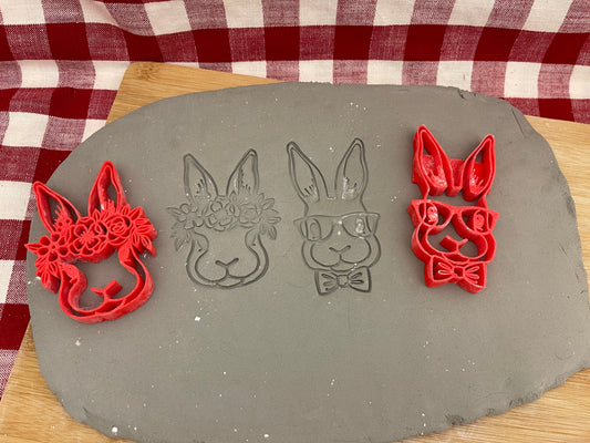 Bunny Face w/  Bowtie or floral wreath pottery stamp - each or set, plastic 3d printed, multiple sizes