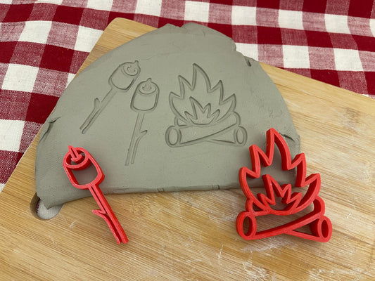 Pottery Stamp, Camp Fire, Marshmallows design, Camping doodle series, Clay, Pottery Tool, plastic 3d printed, multiple sizes available